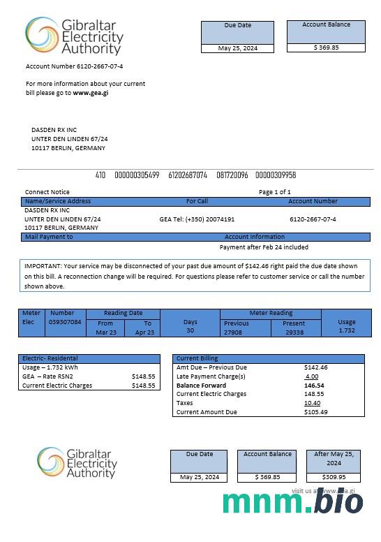 Gibraltar Electricity Authority rachunek za usługi komunalne Word and PDF template